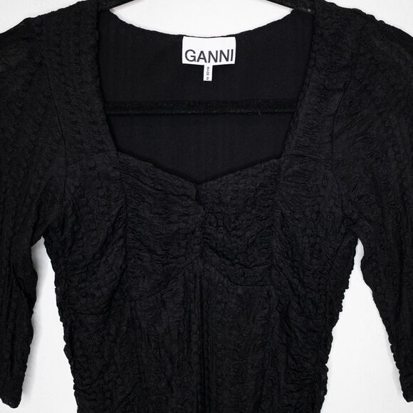 Ganni Ruched Stretch Lace Top Black Sweetheart Neckline Whimsigoth SZ 6 US - Picture 5 of 8